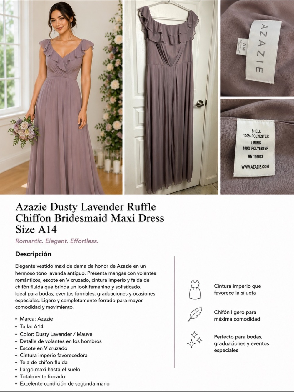 Azazie Dusty Lavender Ruffle Chiffon Bridesmaid Maxi Dress Size A14